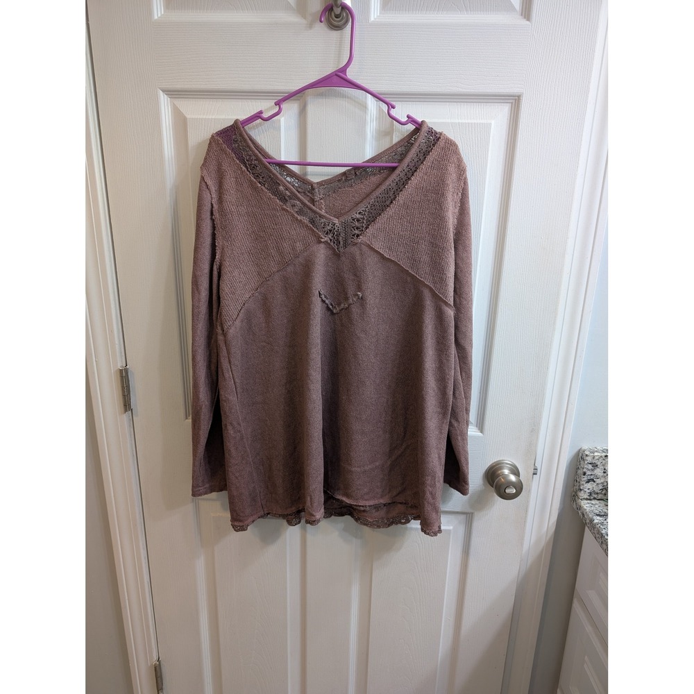 Pol Distressed Long Sleeve V Neck Lace Trim Pullover Top - Size M